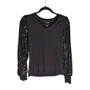 NWT Rachel Zoe Black Presley Sequin Sleeve V-Neck  Sweater Women's Small